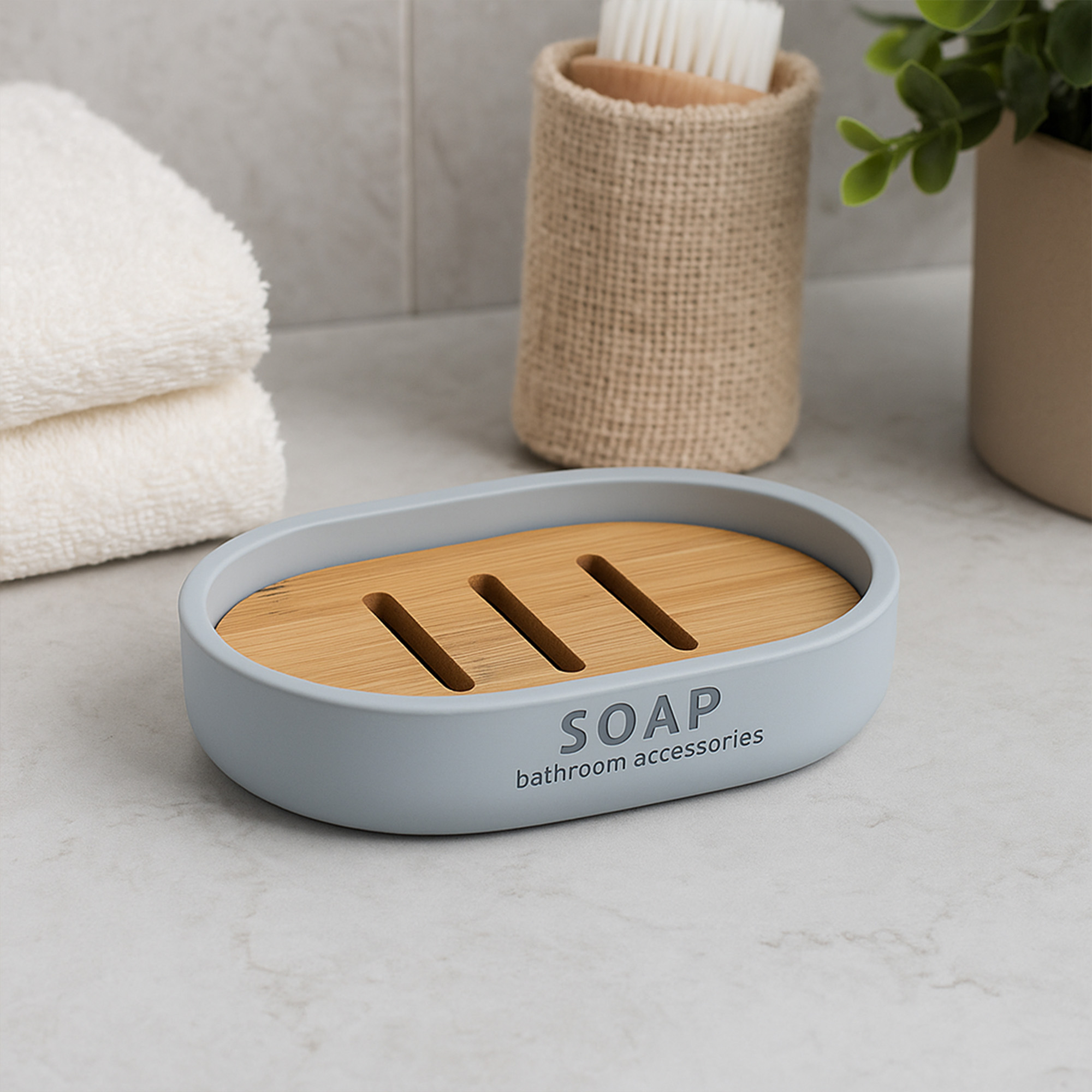 Light blue soap dish with slotted bamboo insert on bathroom countertop