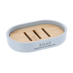 Light blue soap dish with bamboo insert for bar soap storage