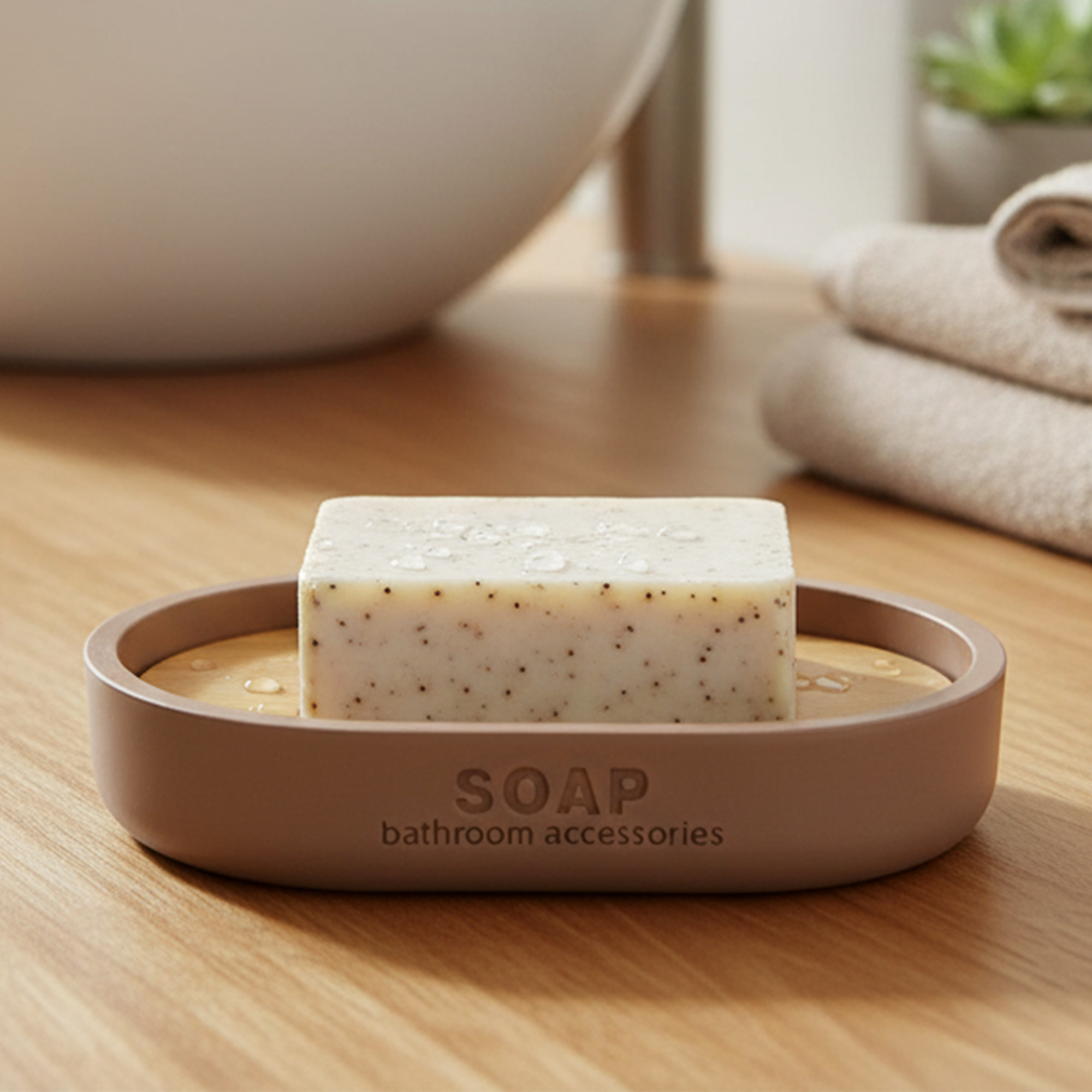 Cappuccino soap dish with bamboo insert holding bar soap on wooden counter