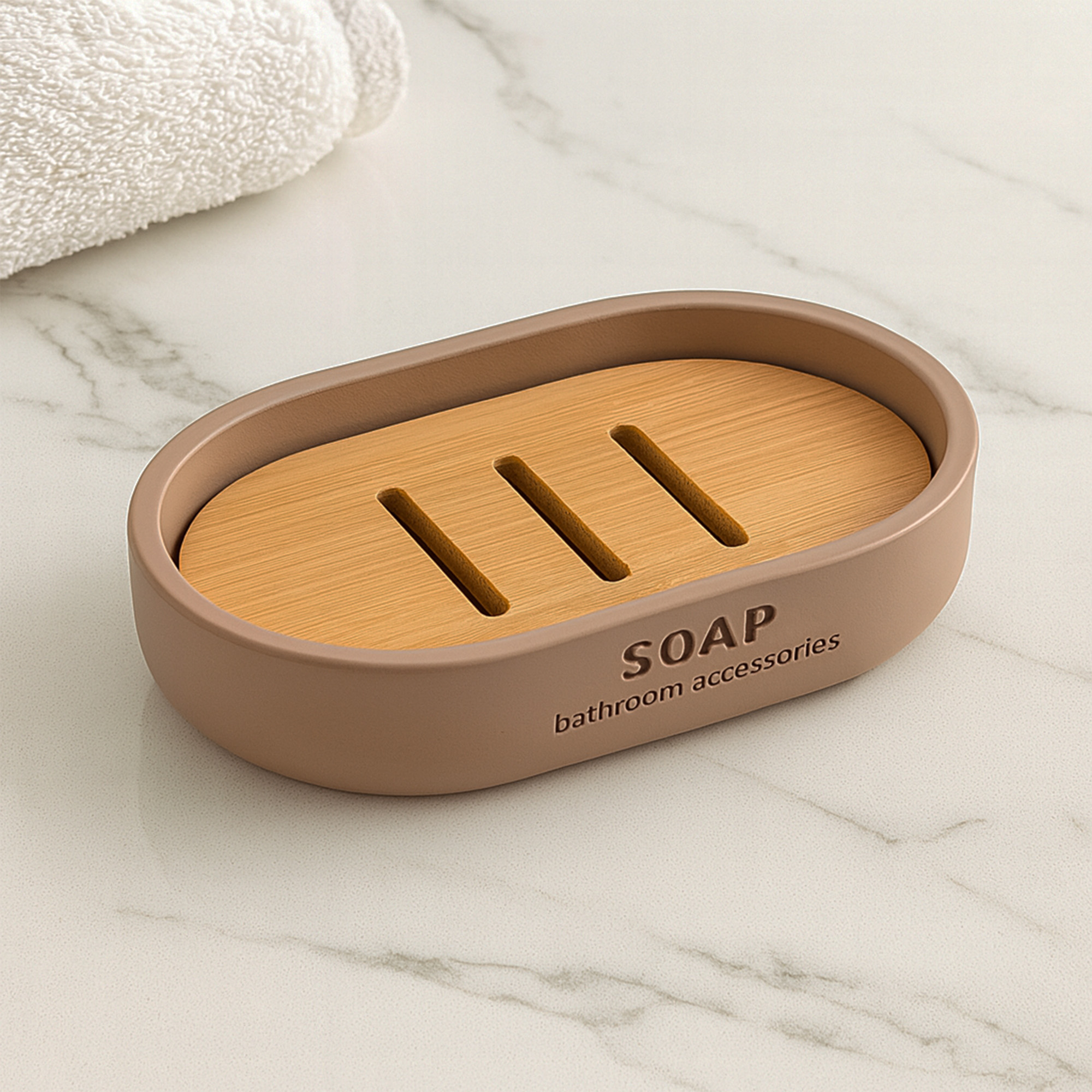 Cappuccino oval soap dish with slotted bamboo insert on marble surface