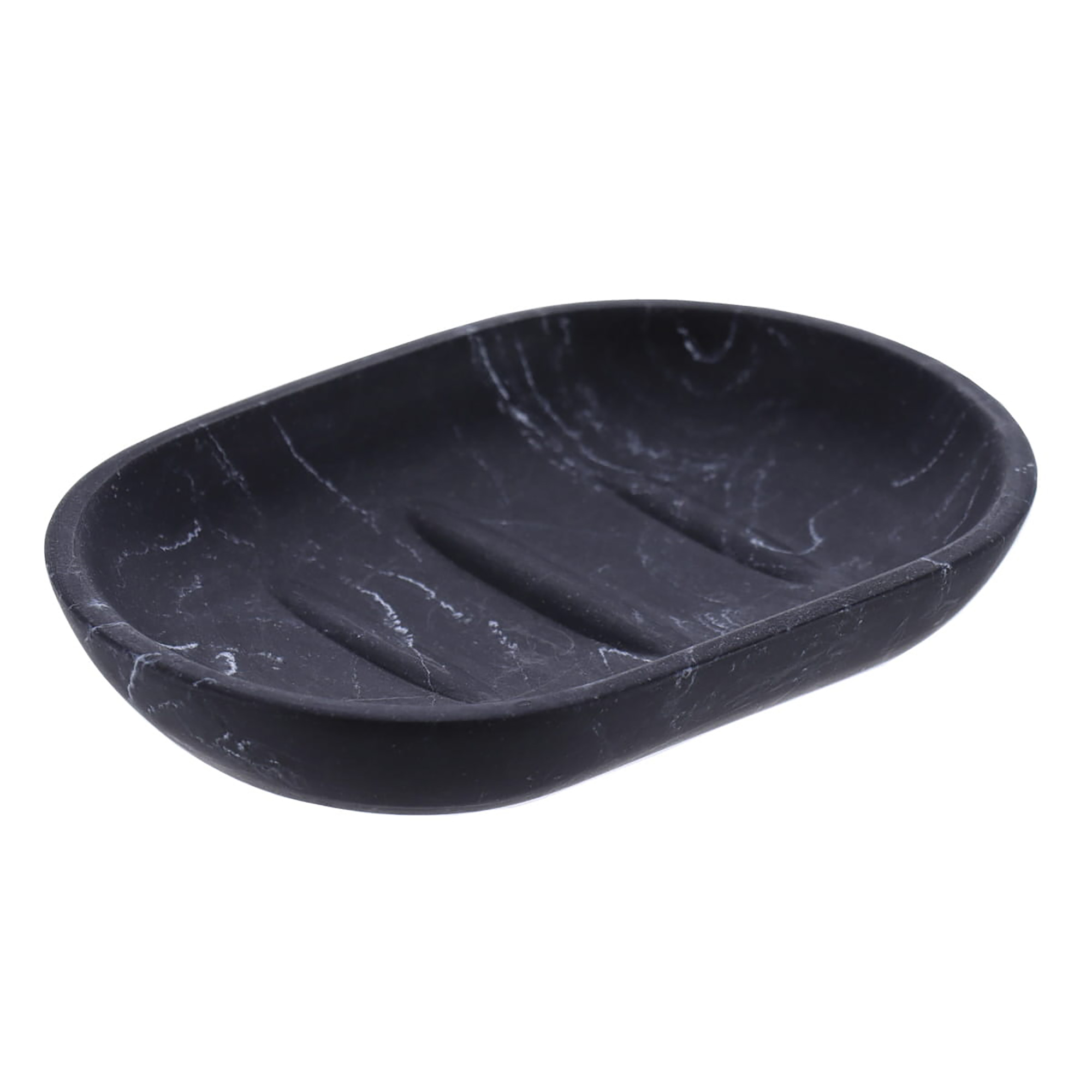 Black marble soap dish front view with textured base