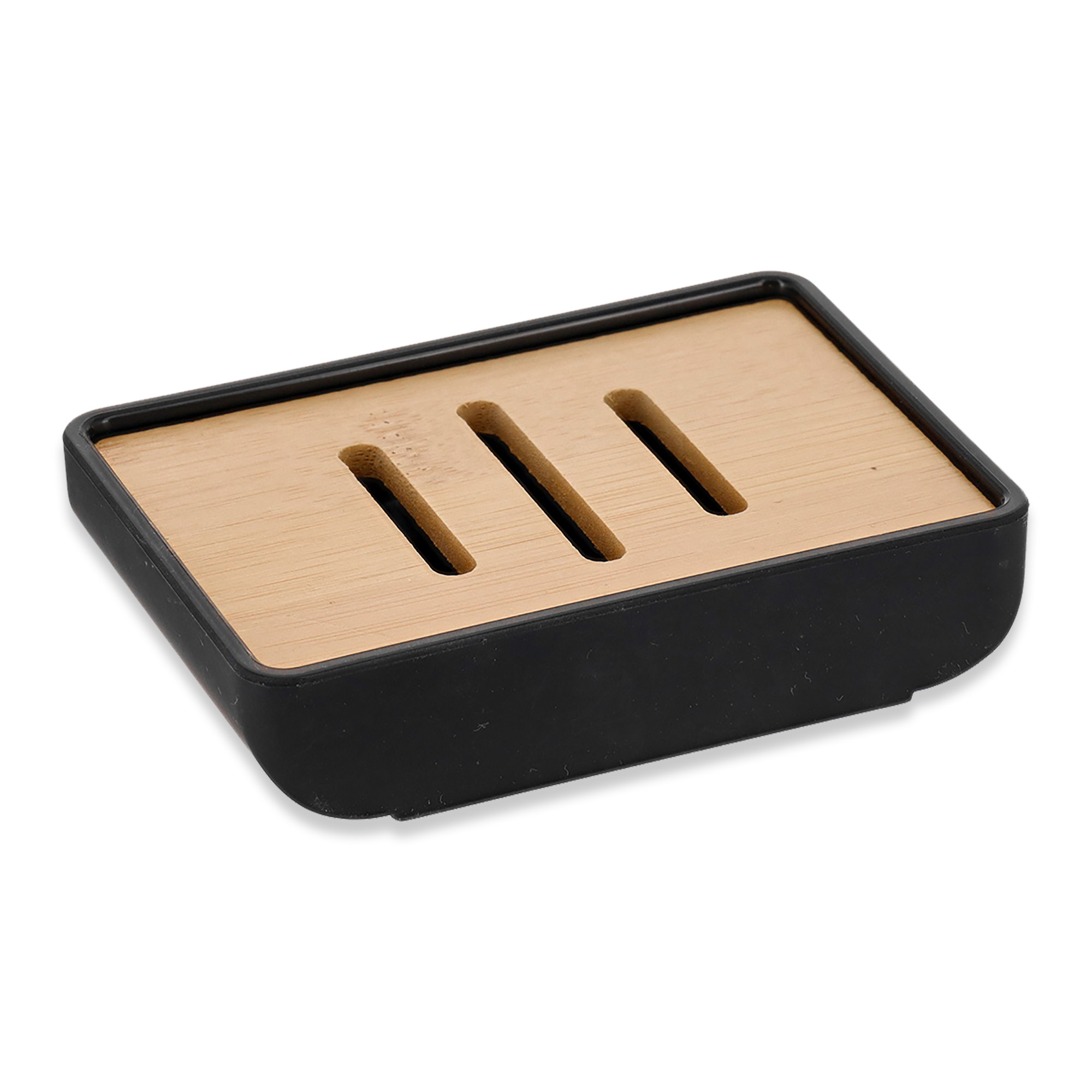 Soap dish with black base and bamboo wood insert, featuring drainage slots
