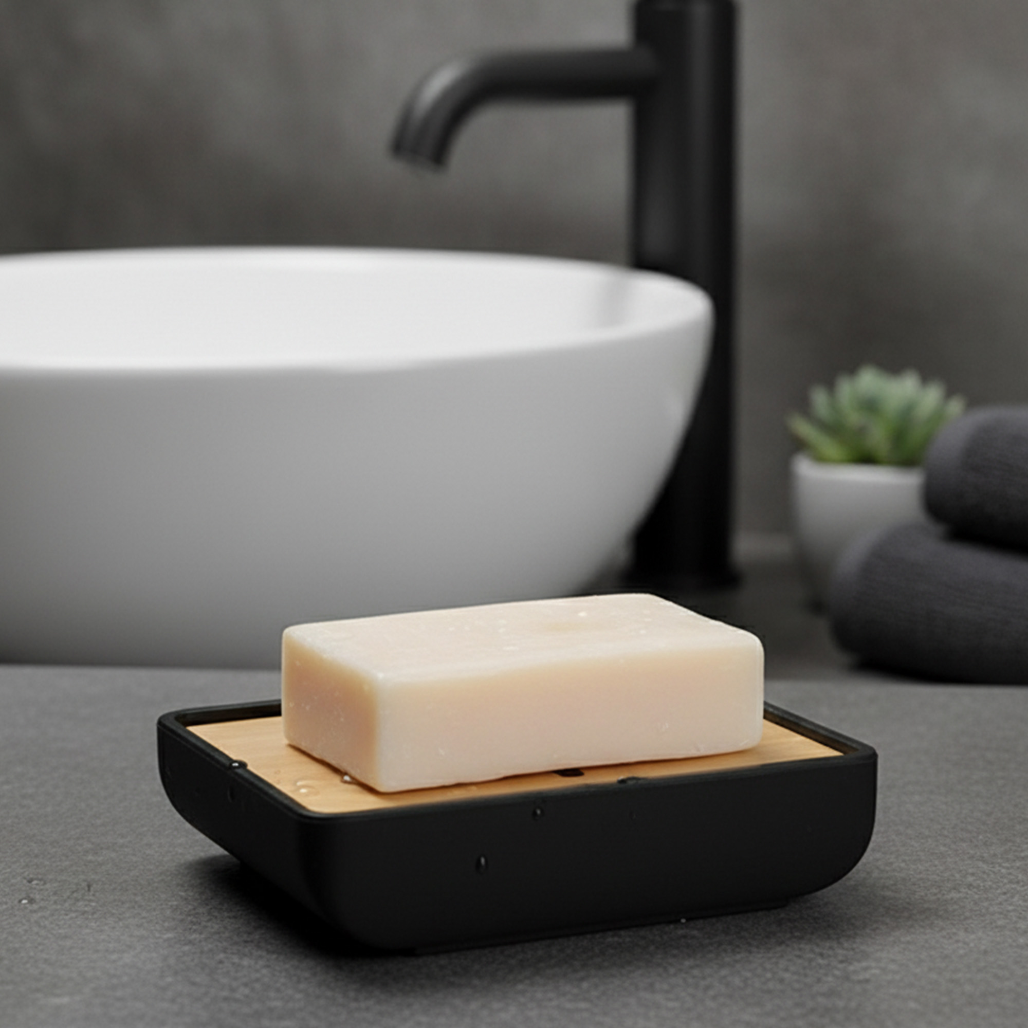 Rectangular bamboo soap tray with black base beside modern sink