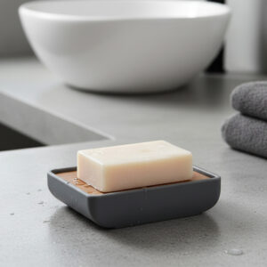 Rectangular soap tray with gray frame and wooden base beside bathroom sink