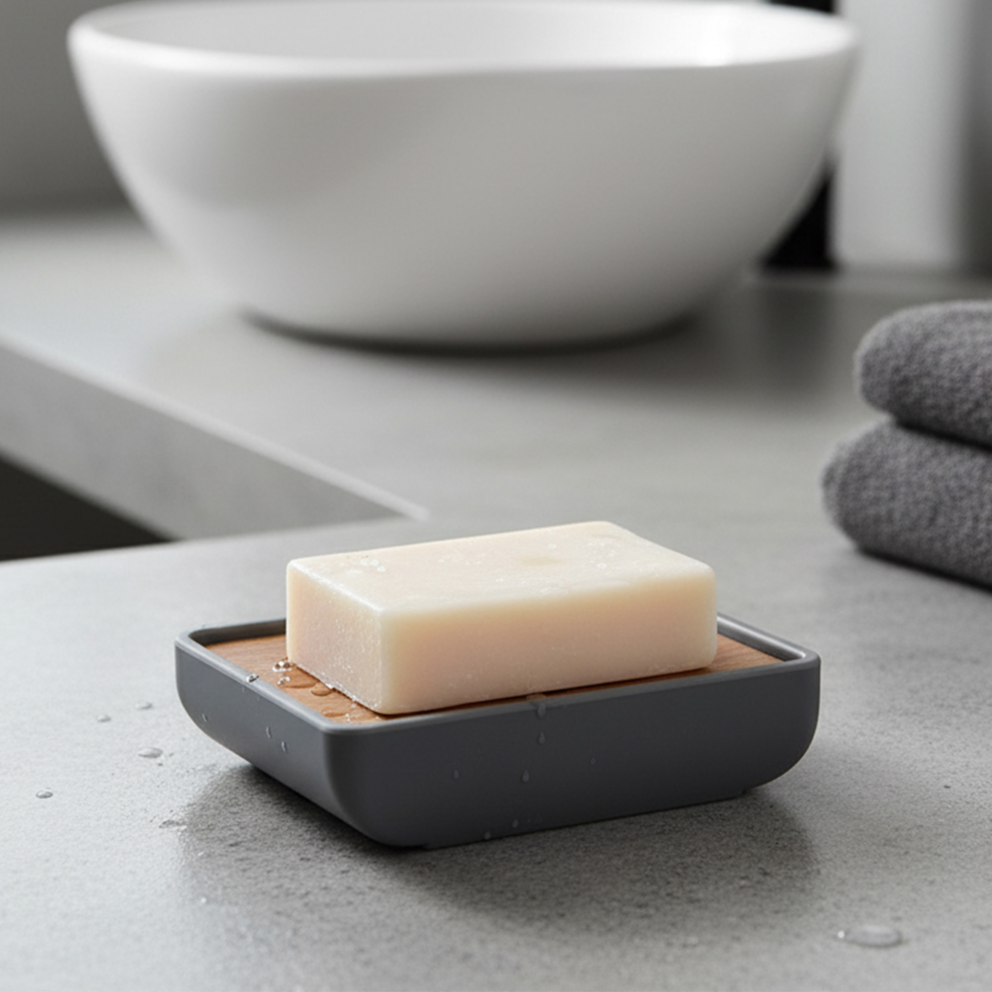 Rectangular soap tray with gray frame and wooden base beside bathroom sink