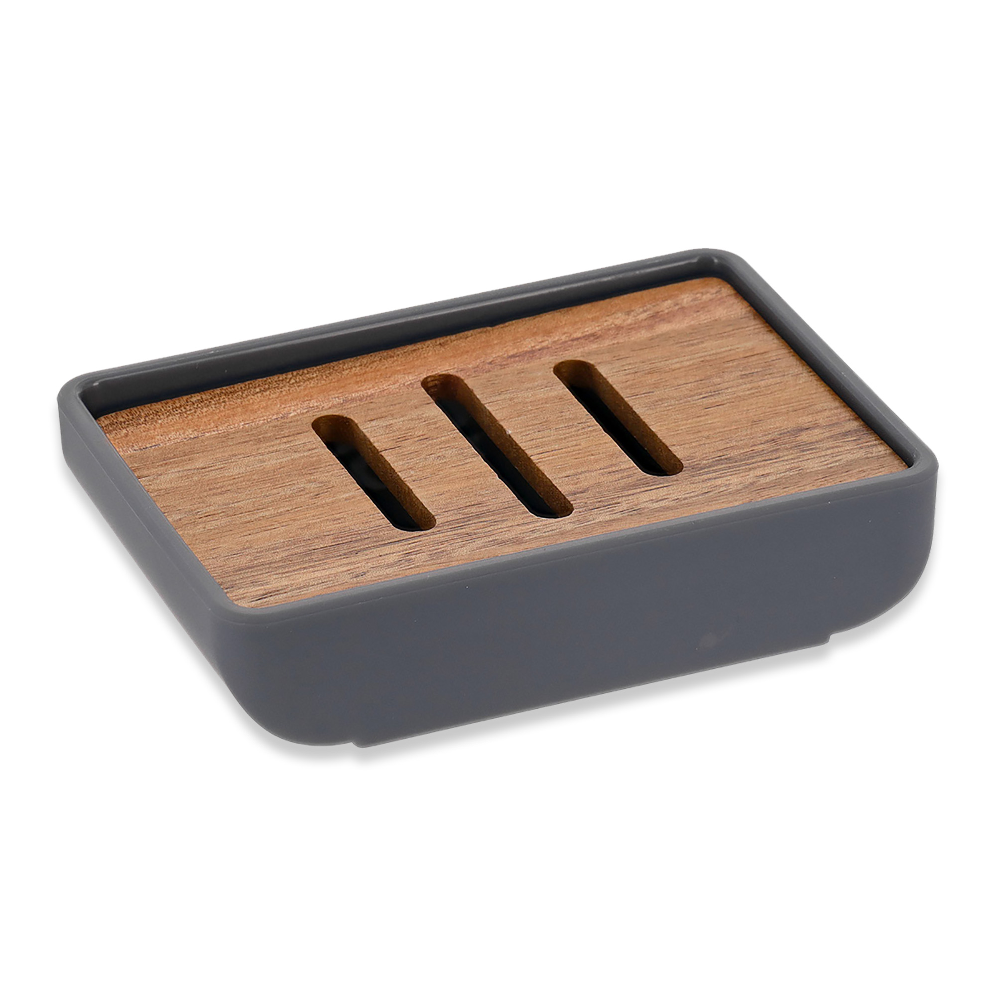 Soap dish with gray base and acacia wood insert, featuring drainage slots