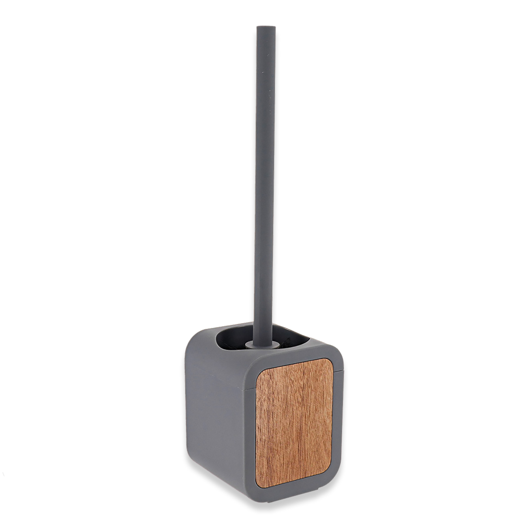 Gray toilet brush holder with acacia wood panel front view
