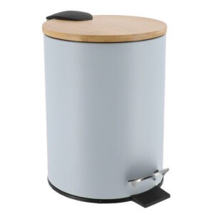 Light blue trash can with bamboo lid and pedal for small spaces