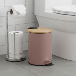 Cappuccino step trash can with bamboo lid next to toilet