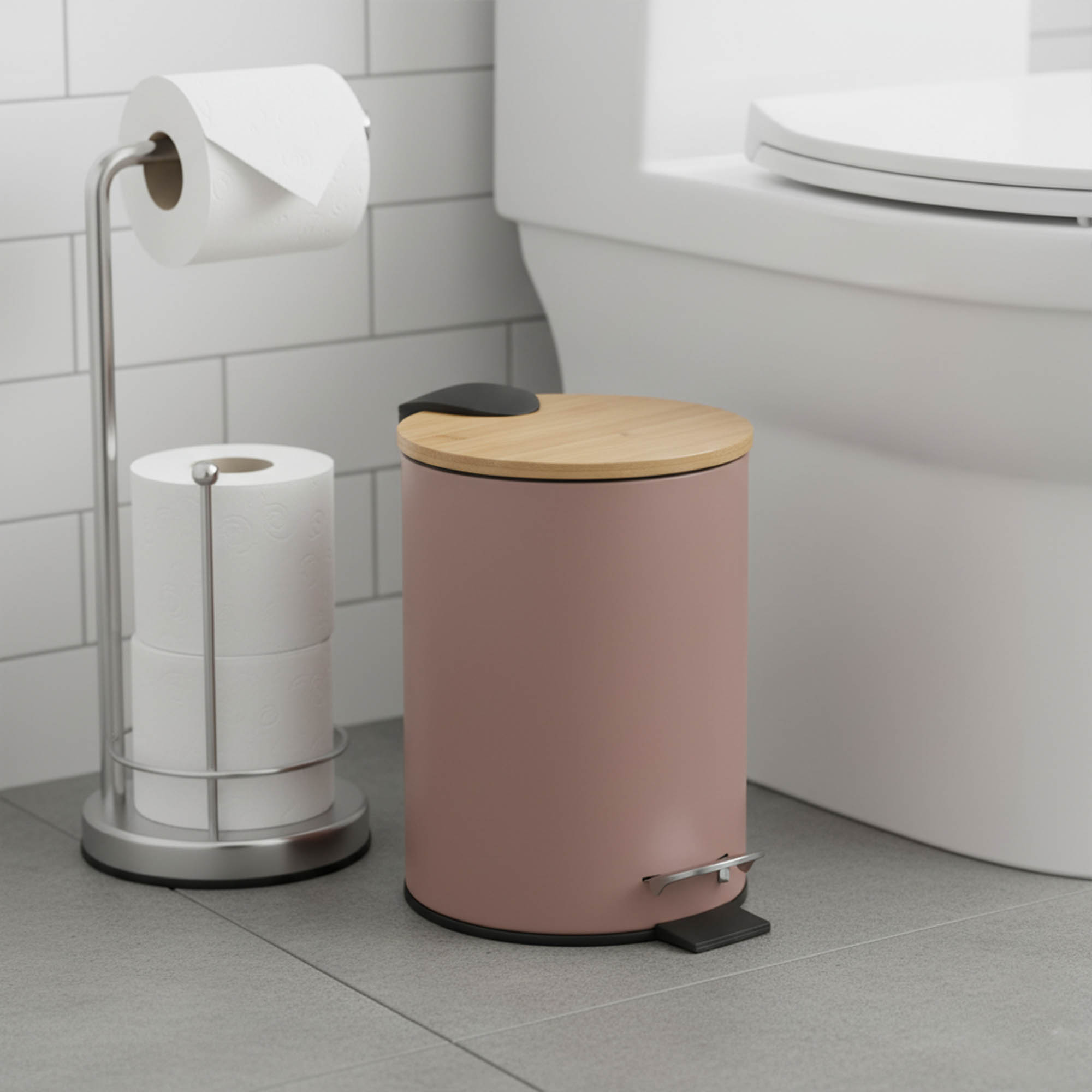 Cappuccino step trash can with bamboo lid next to toilet