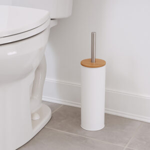 "White toilet brush holder with bamboo lid and steel handle beside toilet"