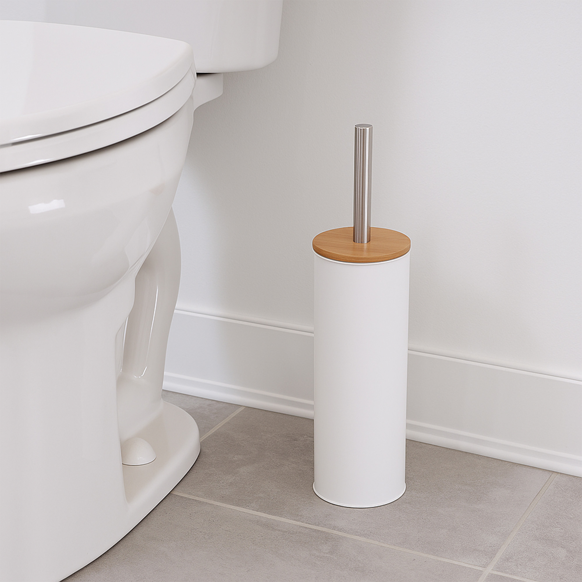 "White toilet brush holder with bamboo lid and steel handle beside toilet"