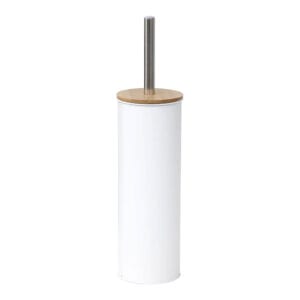 White toilet brush holder with bamboo lid and stainless steel handle, modern design