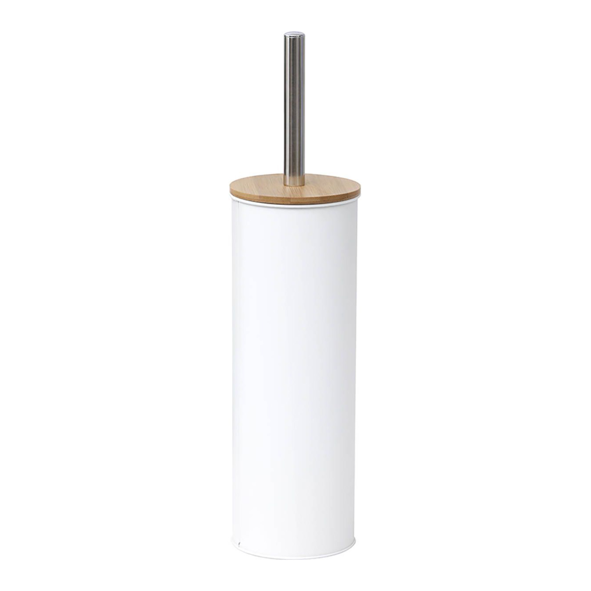 White toilet brush holder with bamboo lid and stainless steel handle, modern design