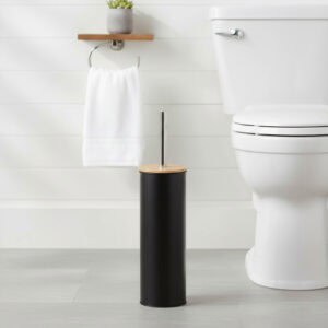 "Modern black toilet brush with bamboo top and stainless steel handle in white bathroom"