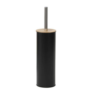Black toilet brush holder with bamboo lid and stainless steel handle, sleek modern design