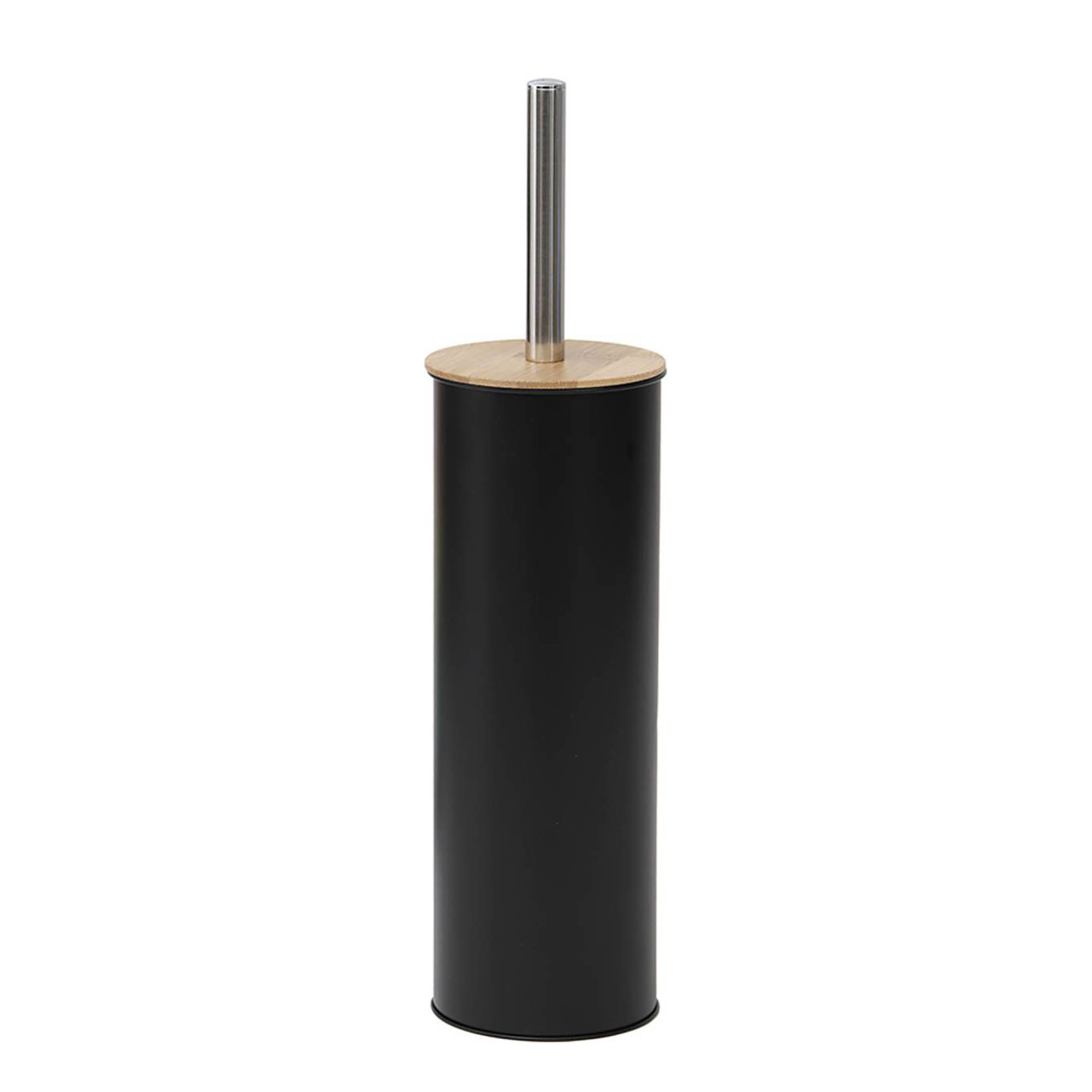 Black toilet brush holder with bamboo lid and stainless steel handle, sleek modern design