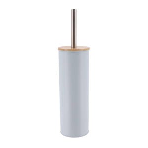 Light blue toilet brush holder with bamboo lid and stainless steel handle, modern and minimalist