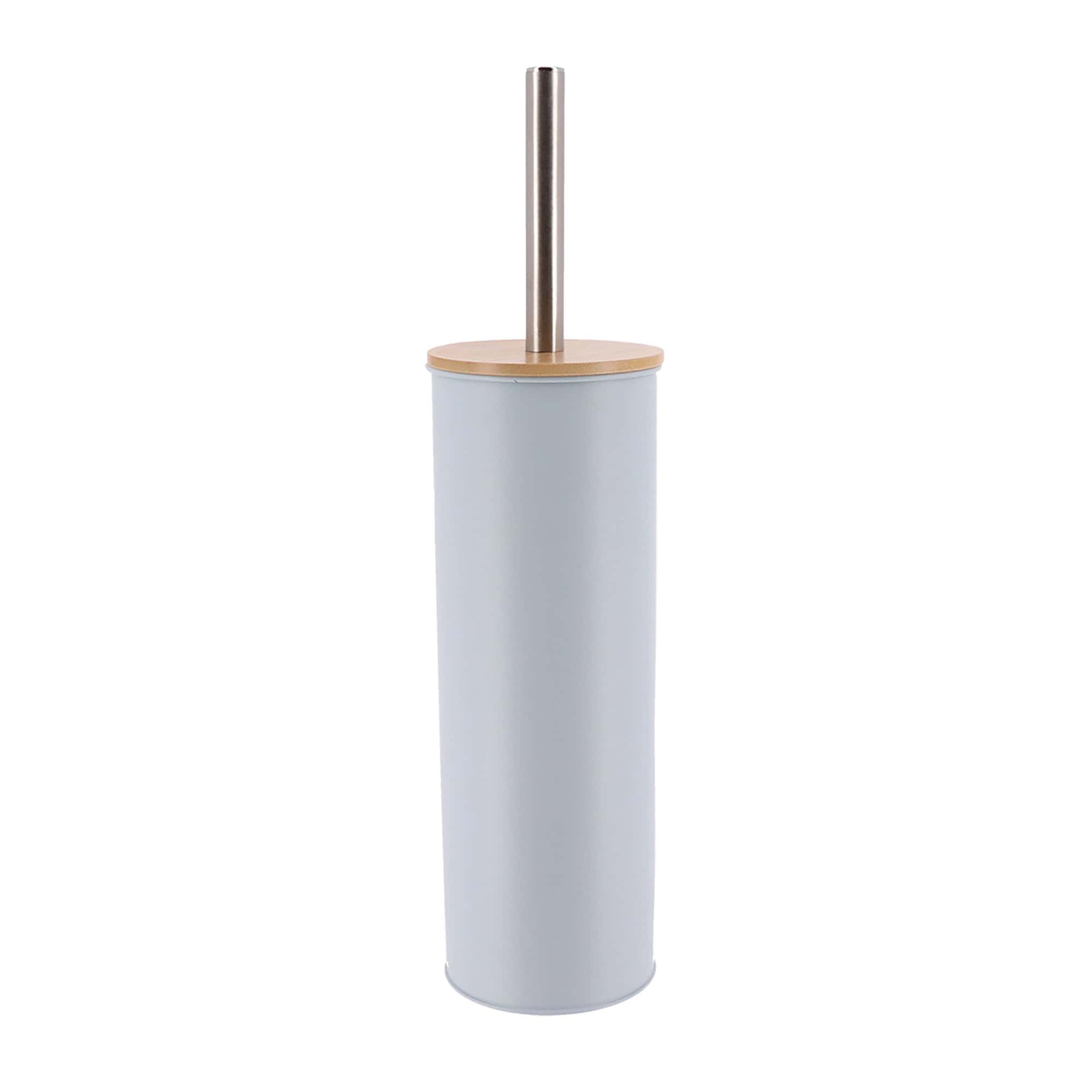 Light blue toilet brush holder with bamboo lid and stainless steel handle, modern and minimalist