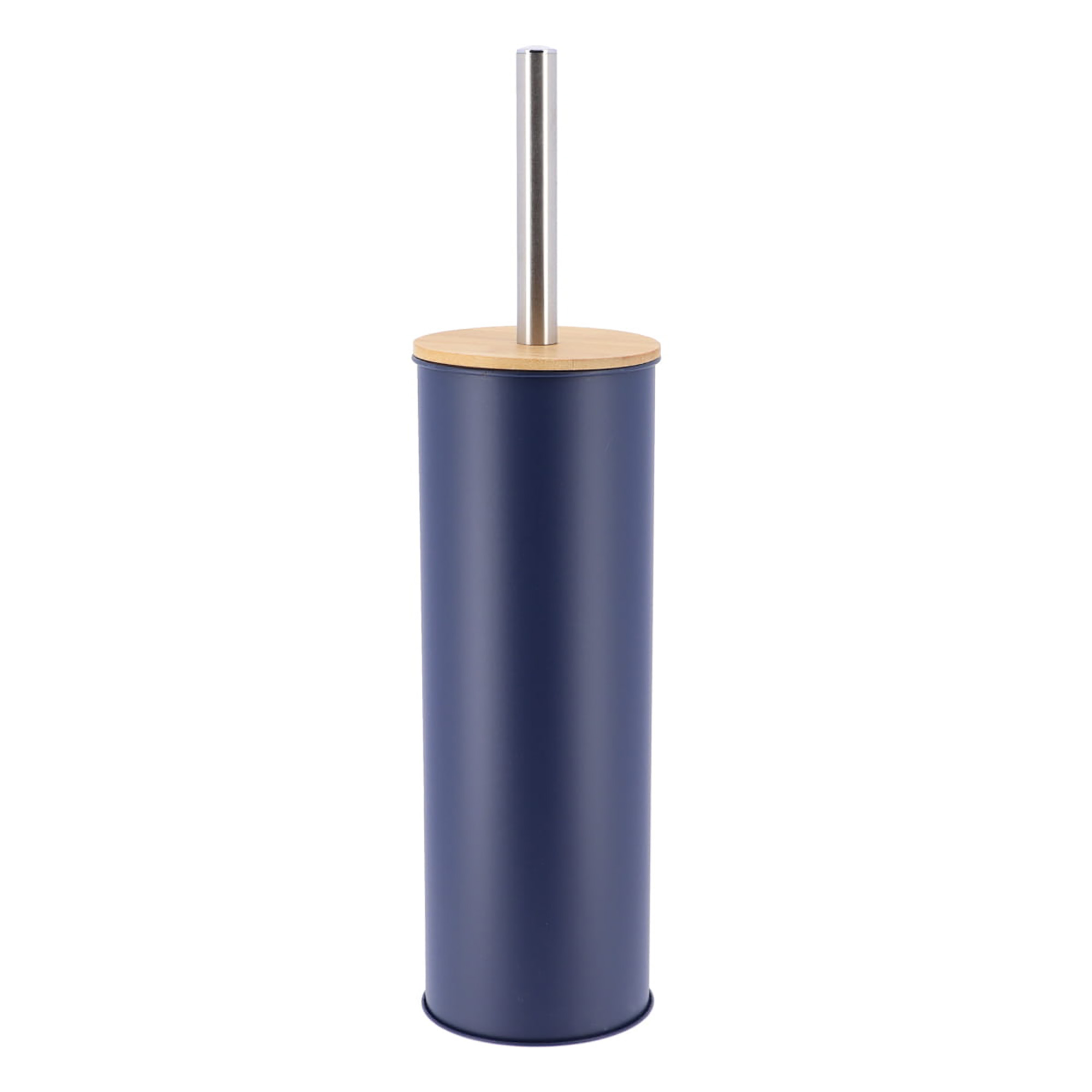 Navy blue toilet brush holder with bamboo lid and stainless steel handle, modern minimalist design