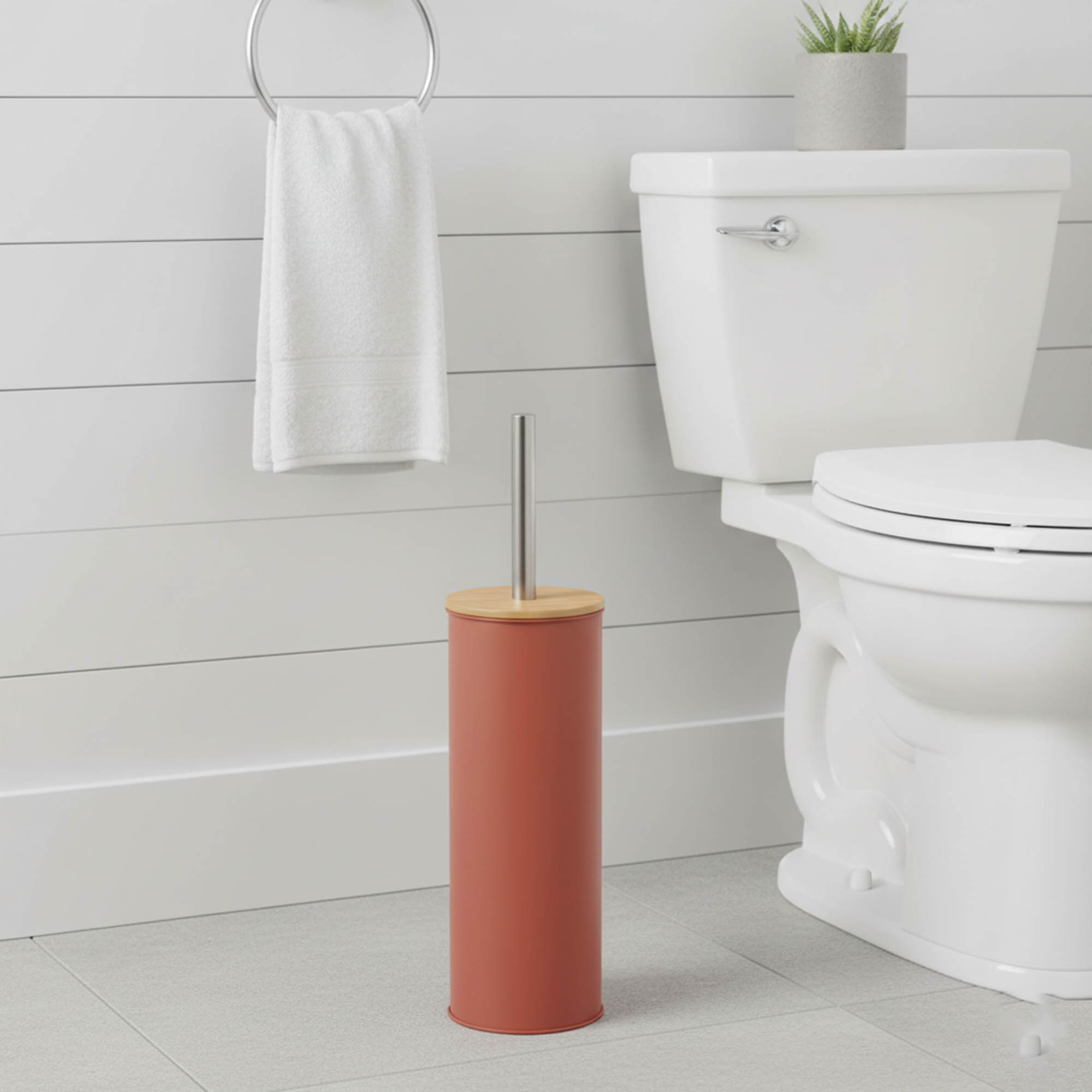 "Modern terracotta toilet brush with bamboo top and stainless steel handle in bathroom"