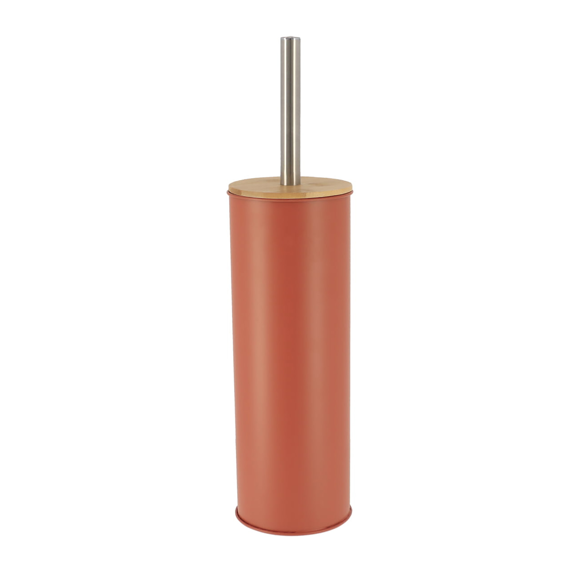 Terracotta toilet brush holder with bamboo lid and stainless steel handle, warm modern style
