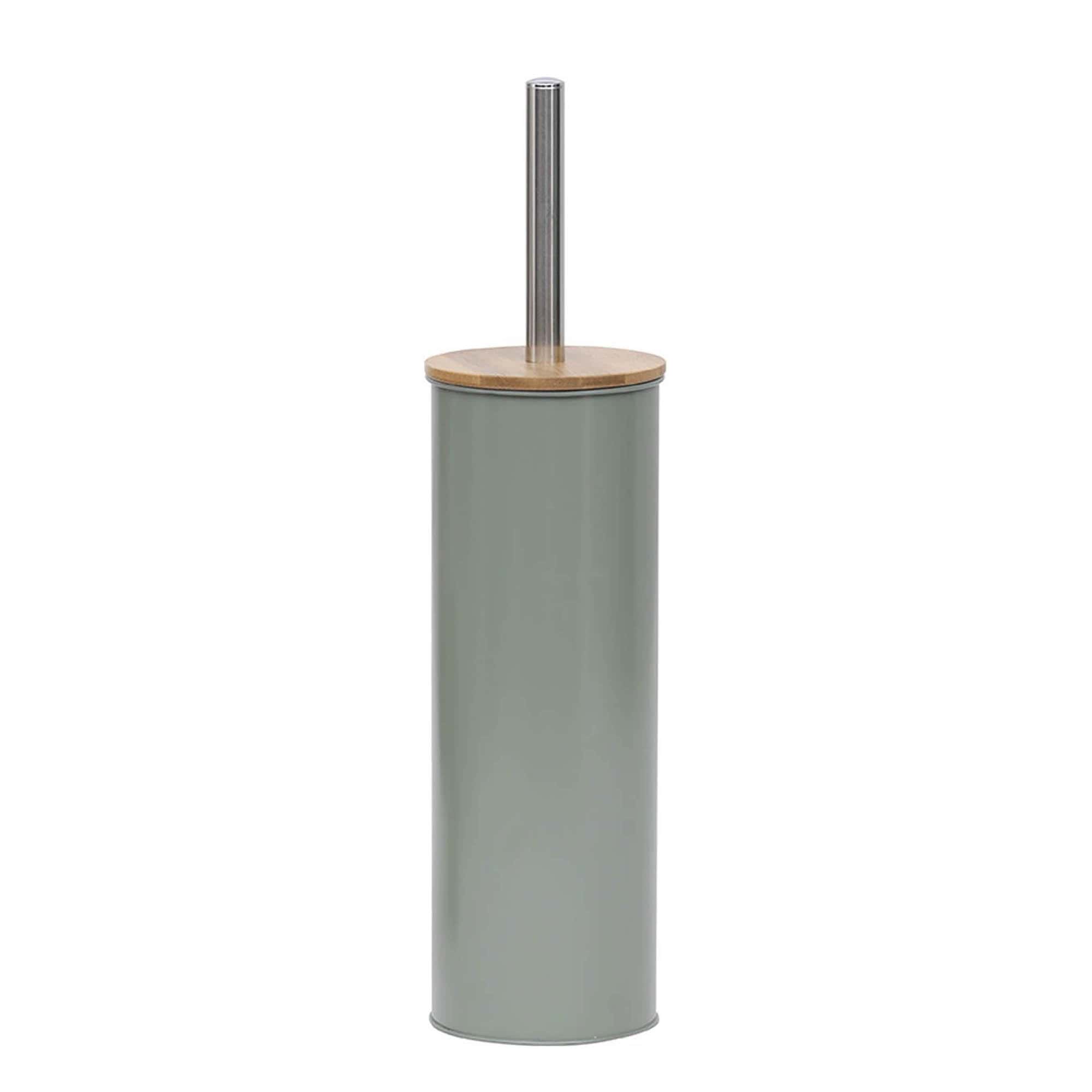 Green toilet brush holder with bamboo lid and stainless steel handle, modern design