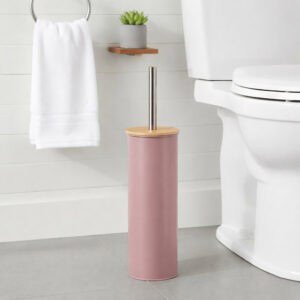 "Modern cappuccino toilet brush with bamboo top and stainless steel handle in bathroom"