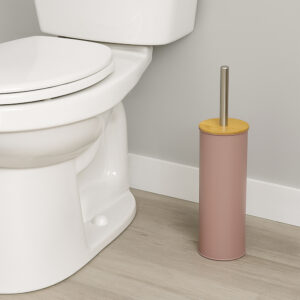 "Cappuccino toilet brush holder with bamboo lid and steel handle beside white toilet"