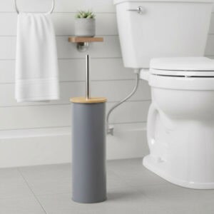"Modern gray toilet brush with bamboo top and stainless steel handle in bathroom"