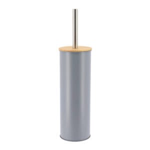Gray toilet brush holder with bamboo lid and stainless steel handle, minimalist design