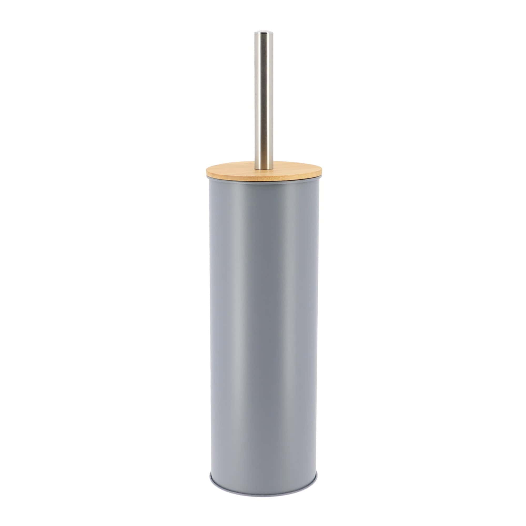 Gray toilet brush holder with bamboo lid and stainless steel handle, minimalist design