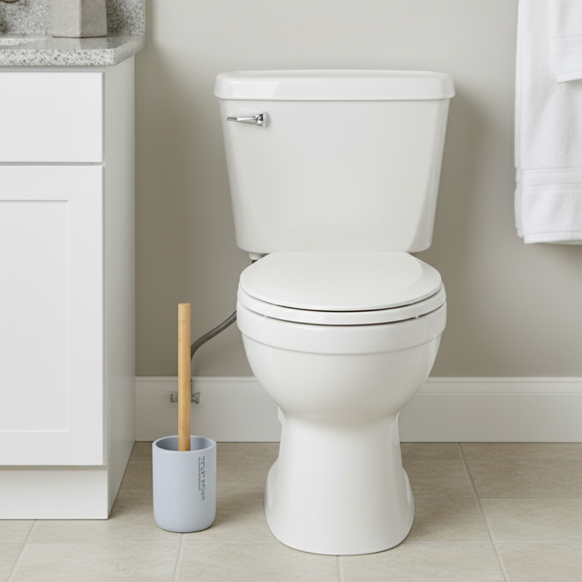 Bathroom scene showing light blue toilet brush holder next to toilet and vanity