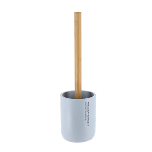Light blue toilet brush with bamboo handle and matching holder cup