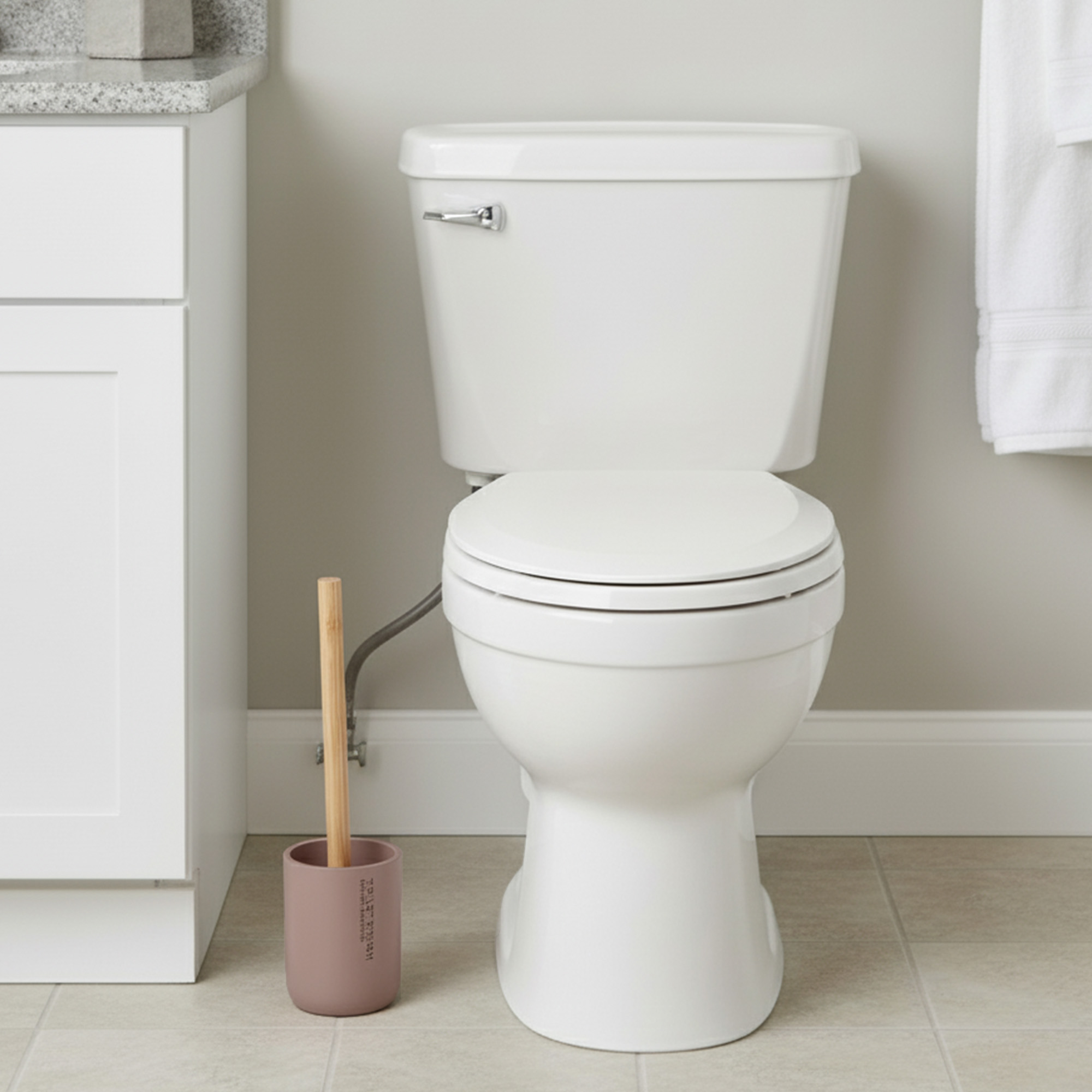 Bathroom scene showing cappuccino toilet brush holder next to toilet and vanity