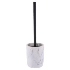 White marble toilet brush holder front view with black handle