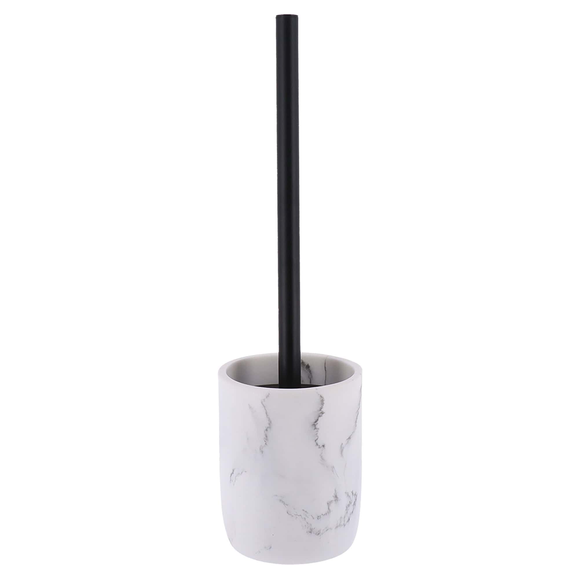 White marble toilet brush holder front view with black handle