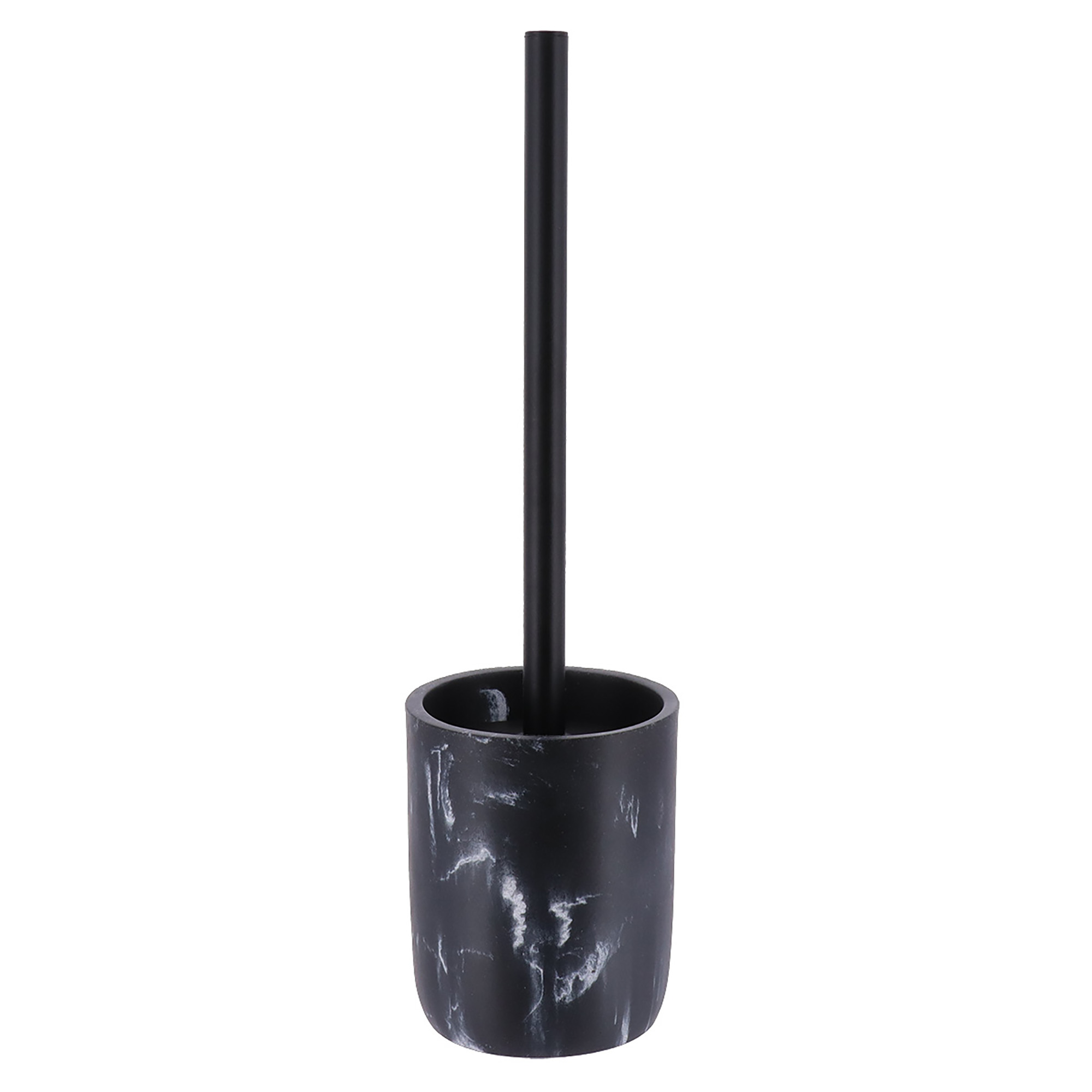 Black marble toilet brush holder front view with black handle