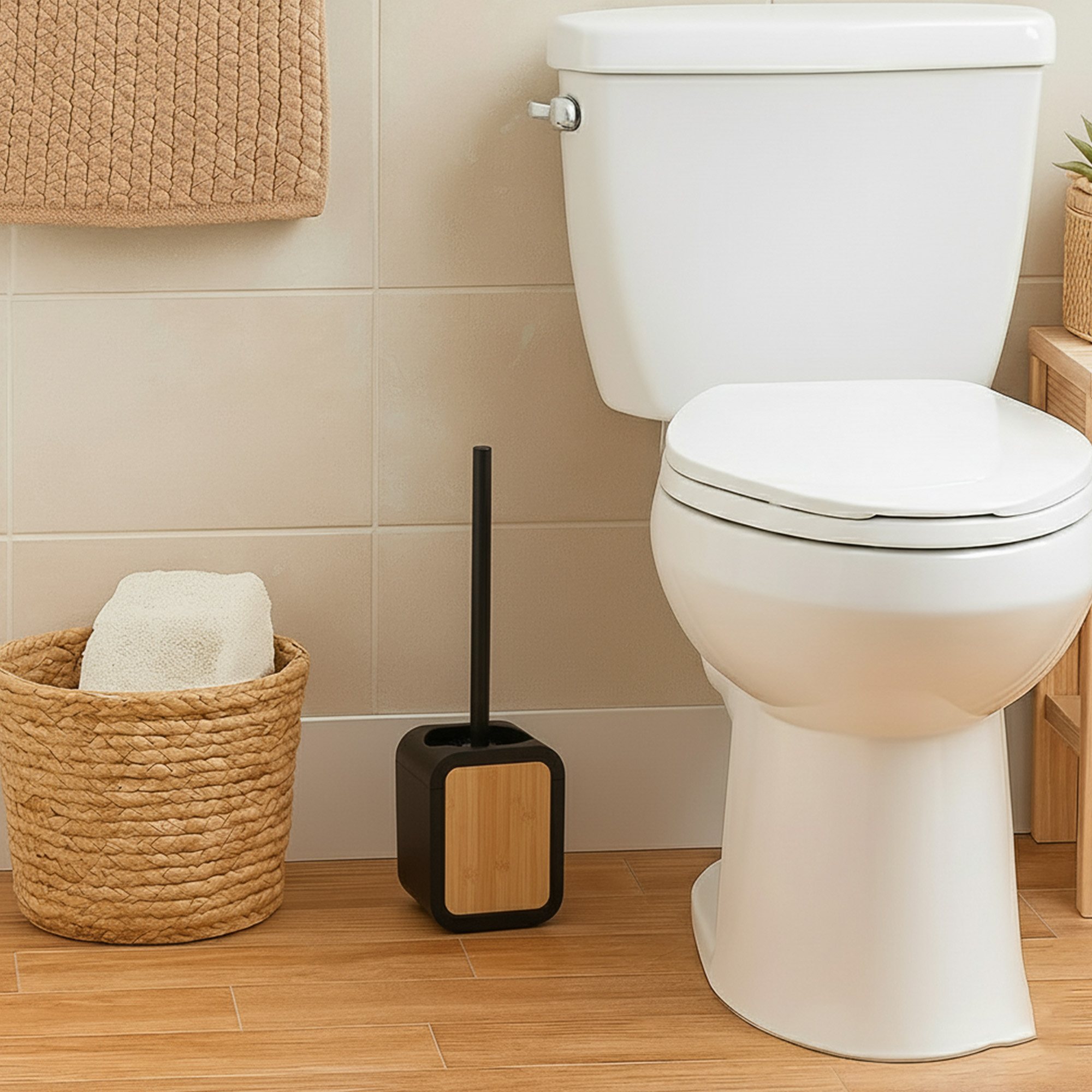 Black toilet brush holder with bamboo accent in modern bathroom with woven basket