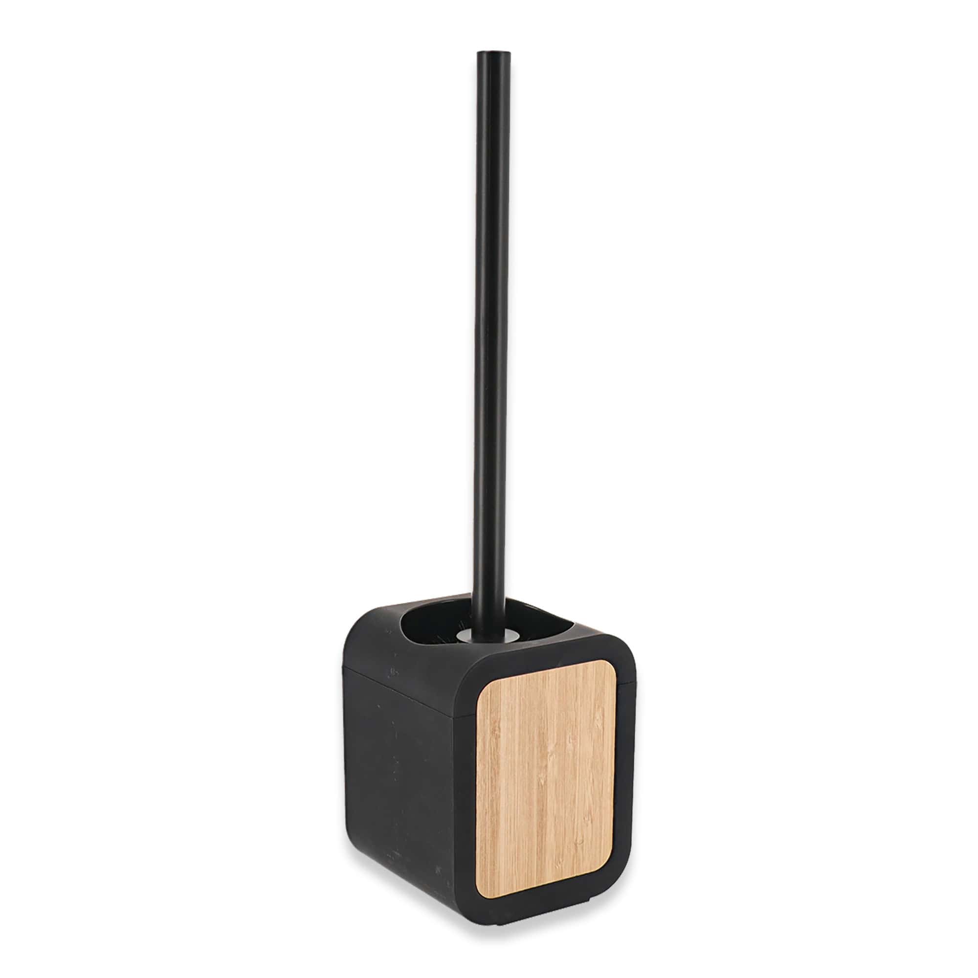 Black toilet brush holder with natural bamboo wood front panel