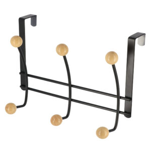 Over-the-door black metal hook rack with six natural wood ball ends
