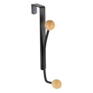 Over-the-door single hook with matte black frame and two natural wood ball ends