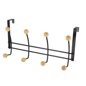 Over-the-door hook rack with black metal frame and eight natural wooden ball ends