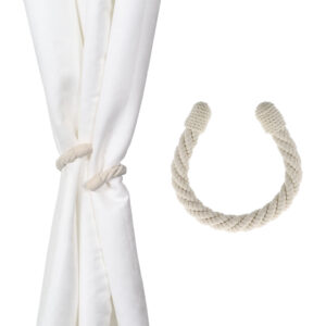 White rope curtain tieback shown on white drape with close-up of flexible loop
