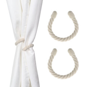White rope curtain tiebacks shown on white drape with close-up of flexible loop