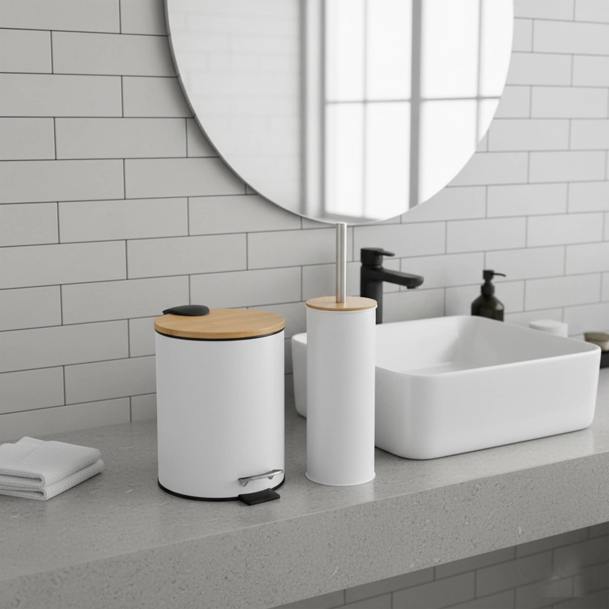 White trash can and toilet brush with bamboo lids on bathroom counter