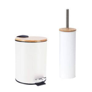 White bathroom set featuring a trash bin with bamboo lid and a matching toilet brush holder with stainless steel handle