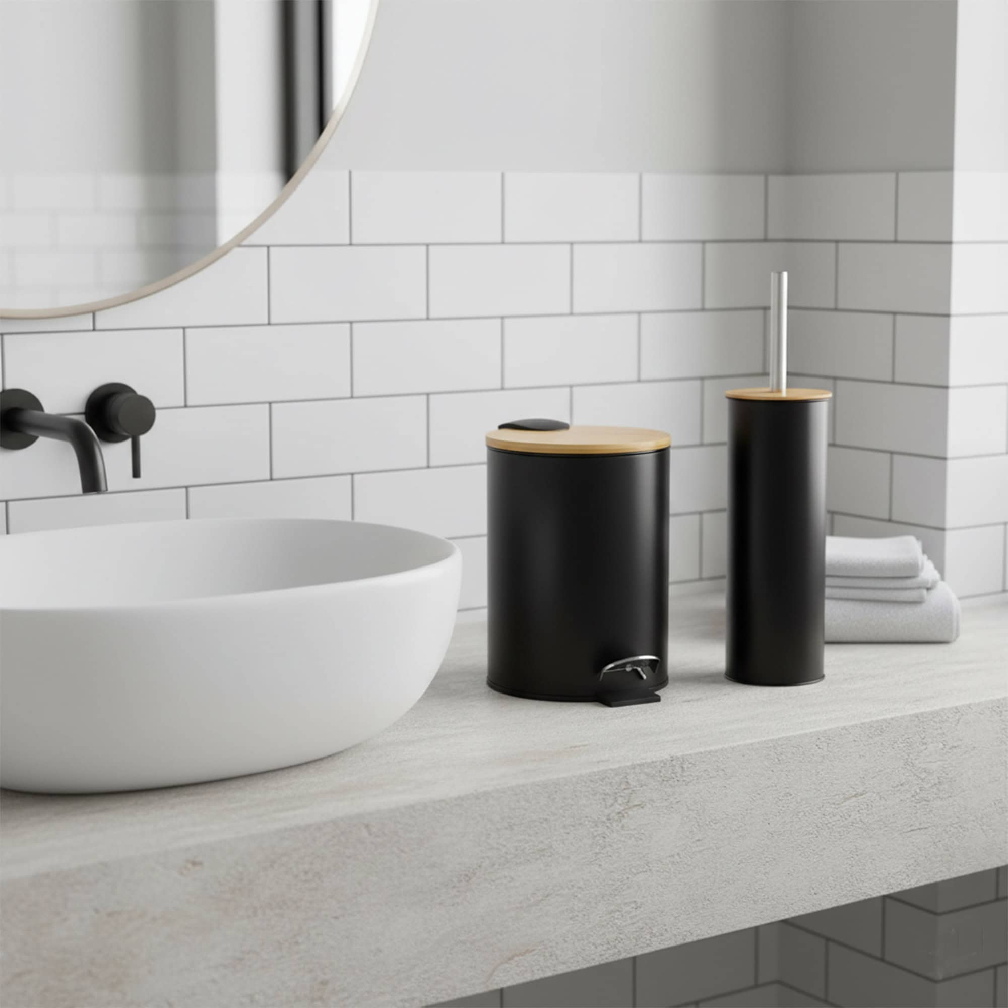 Black trash can and toilet brush with bamboo lids on bathroom counter