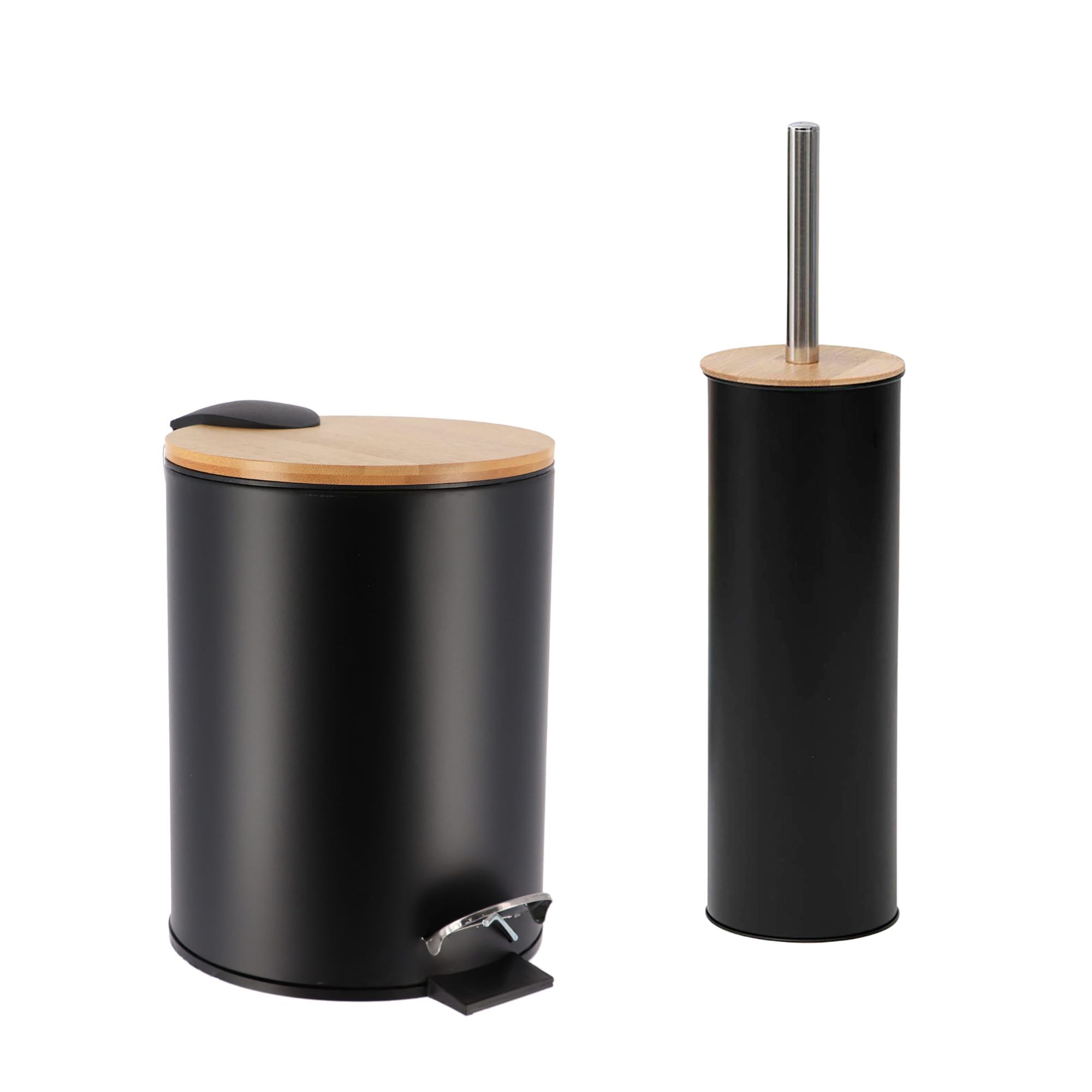 Black bathroom set with trash bin featuring bamboo lid and matching toilet brush holder with stainless steel handle