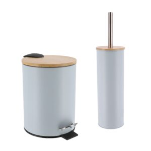 Light Blue Bathroom Set with Bamboo Lid - Matte Metal Trash Can and Toilet Brush